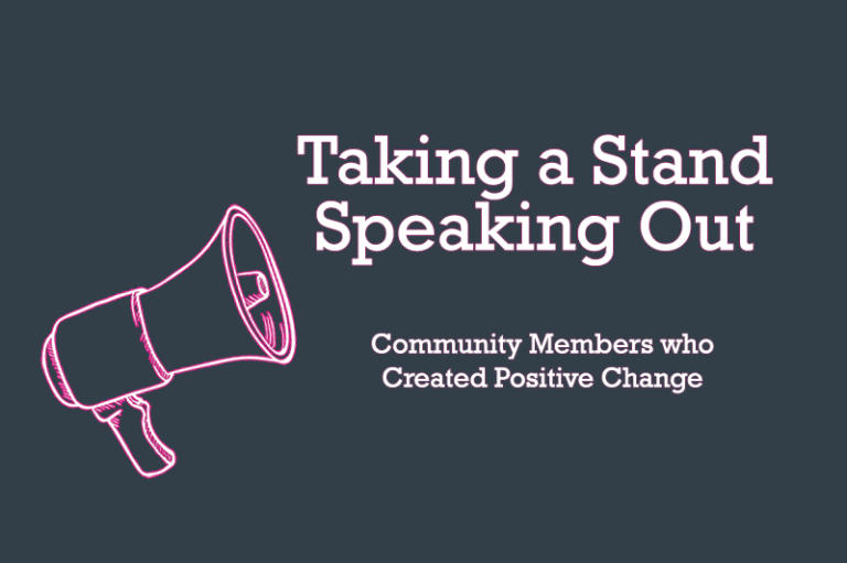 graphic of megaphone next to the words "Taking a Stand Speaking Out"