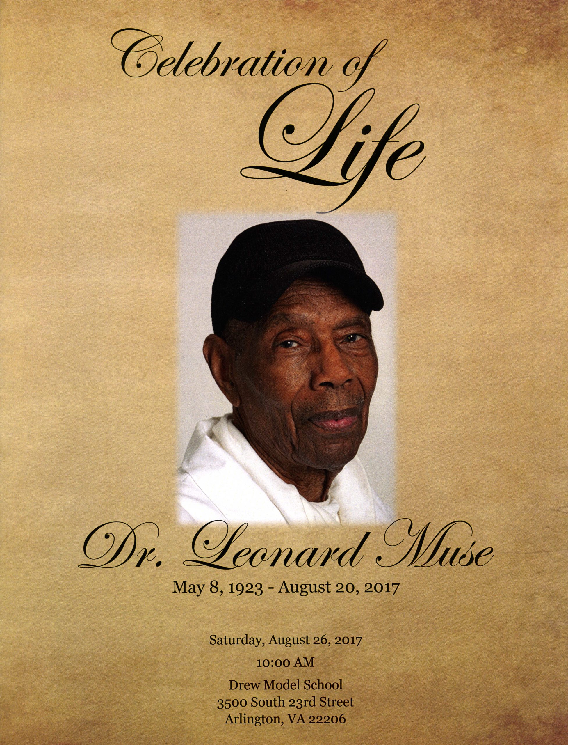 Memorial program for Dr. Leonard Muse, 8/26/2017