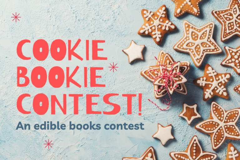 Cookies on a blue background, with the words Cookie Bookie Contest.