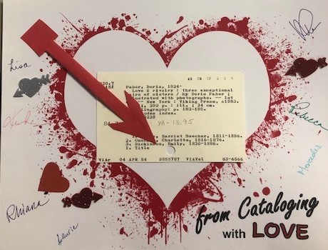 Valentine made with old library card catalog cards.