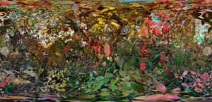 The photo by Jason Horowitz depicts a street scene in Arlington, VA filled with spheric flowers and abstract elements.