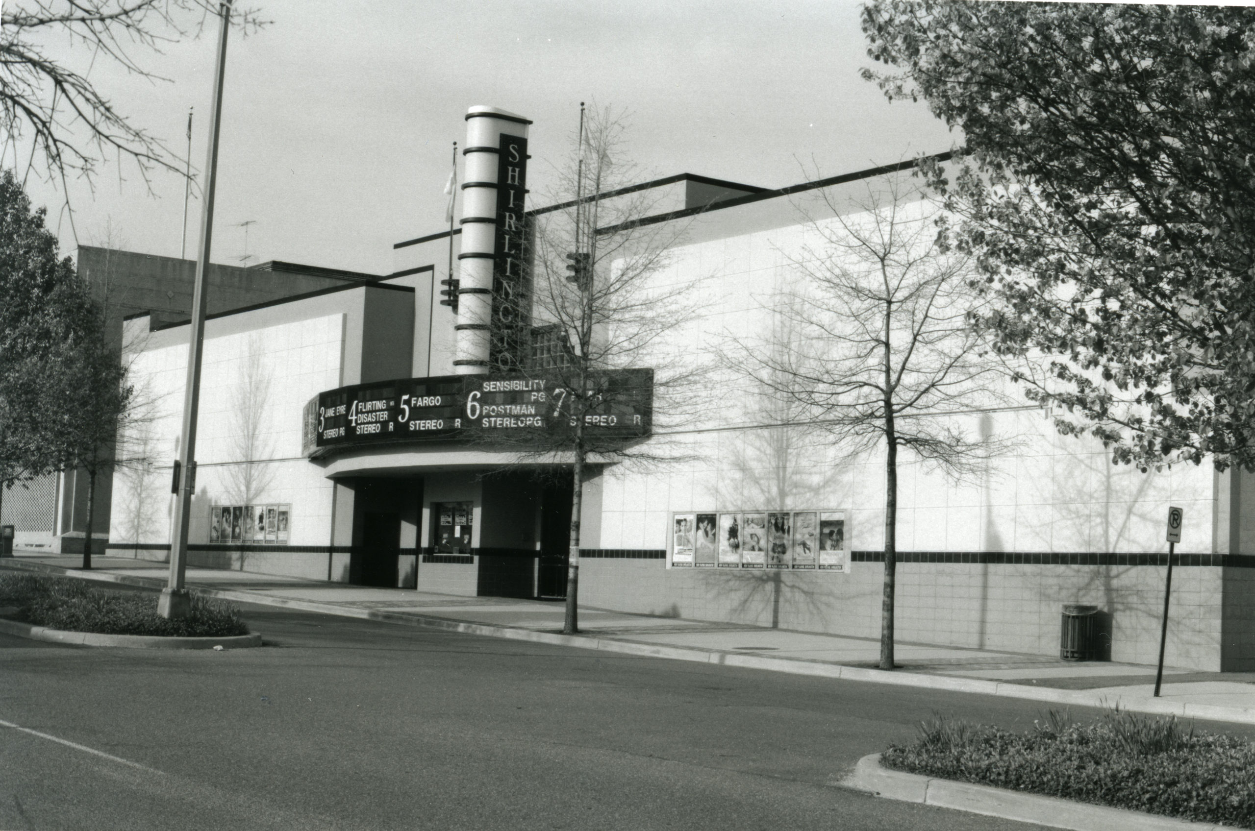 Shirlington movie theater, advertising Jane Eyre, Flirting with Disaster, Fargo, Sense and Sensibility, and the Postman. 1996, 1 negative, b&amp;w, 35mm.