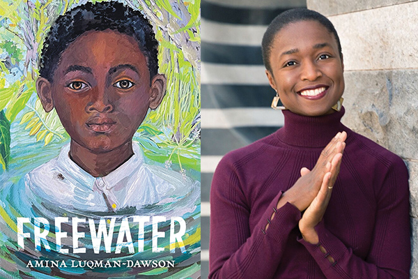 Photo of author Amina Luqman-Dawson and bookcover of her book "Freewater."