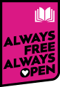 Pink graphic displaying text "always free, always open."