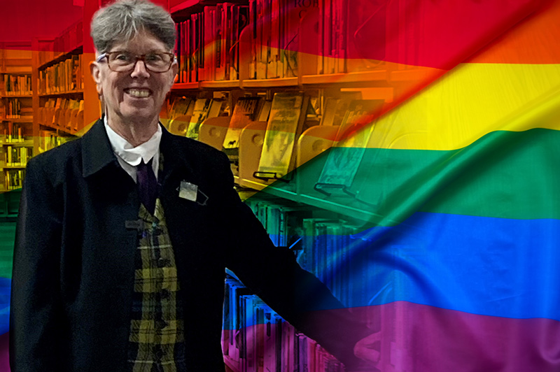 Photo collage of Library Director Diane Kresh against a Pride flag and book shelves.
