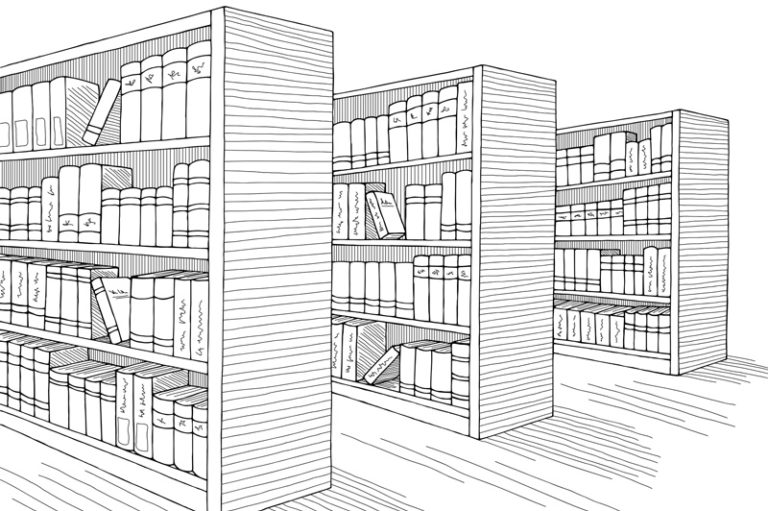 Black and white line drawing of book shelves.