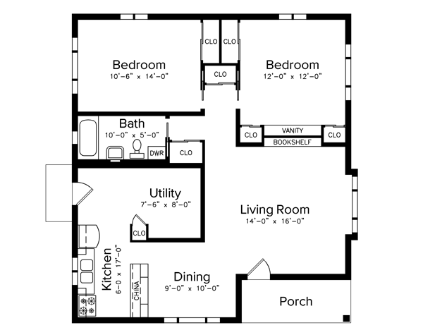 Floor plan shows two bedrooms, a living room, four closets, bathroom, utility room, kitchen, dining room and porch.