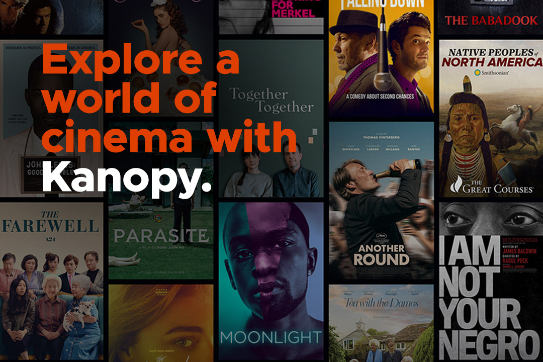 A collage of films available on Kanopy. Text reads "Explore a world of cinema with Kanopy."