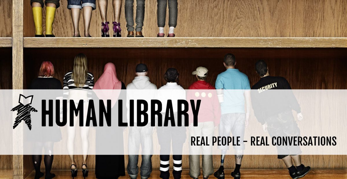 The Human Library artwork, featuring a diverse array of people standing on a bookshelf. Text reads: "Human Library, real people, real conversations."