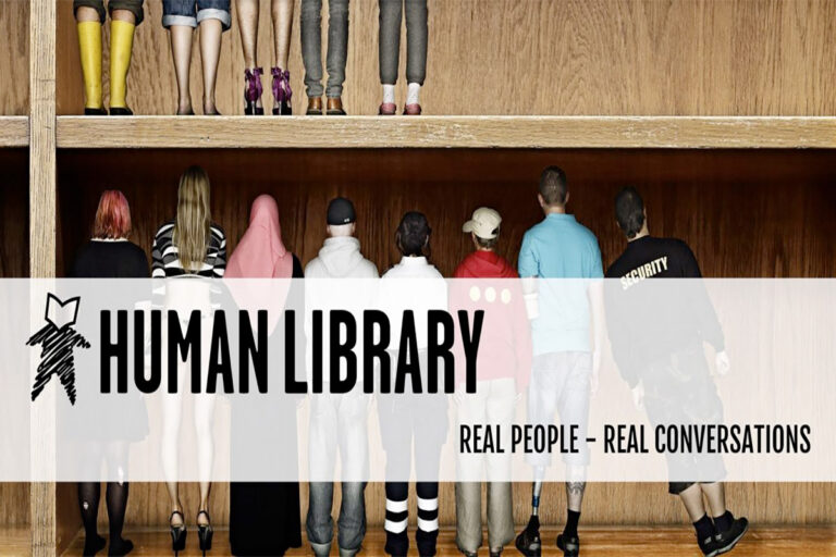 Graphic with text and logo "Human Library, Real People—Real Conversations" and shelf with humans posing as books in the background.