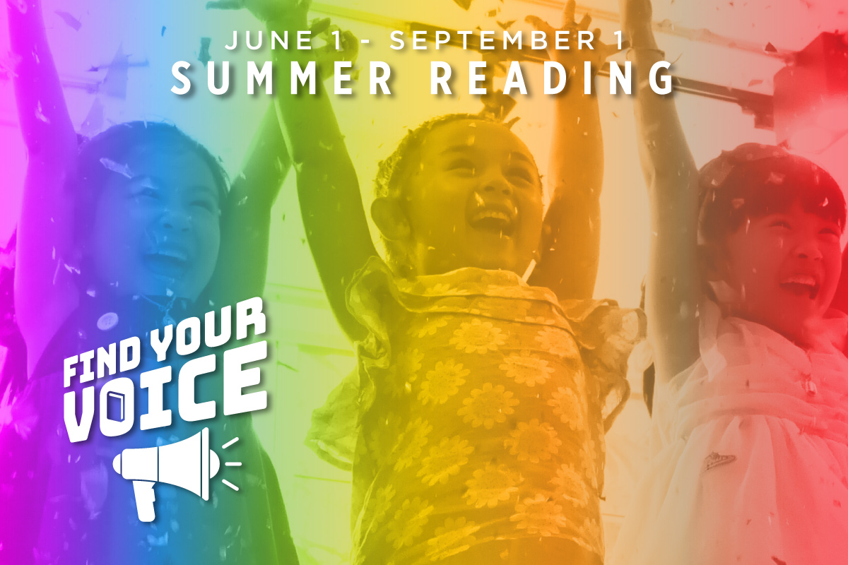 Photo of 3 children raising their arms and cheering with a white "Summer Reading: Find Your Voice" graphic on top.