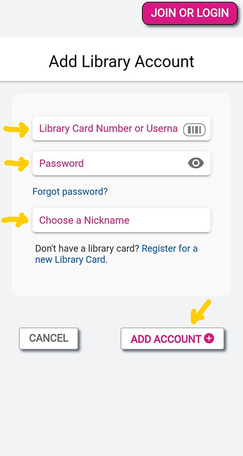 Add Library Accounts screen.