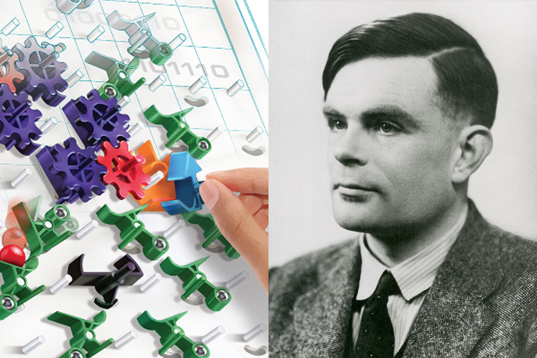 Photo collage of Alan Turing and a mechanical computer constructed of gears and marbles.