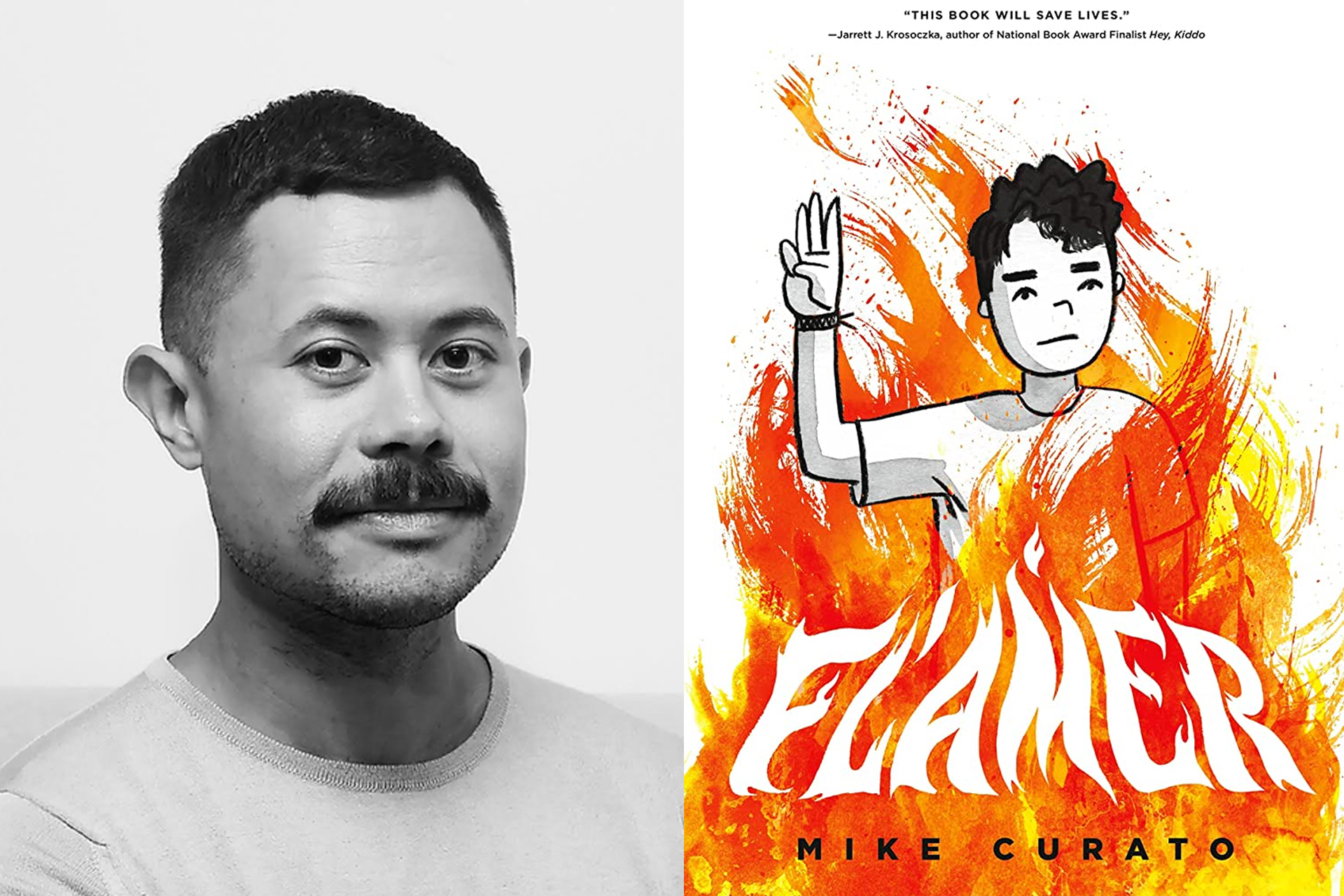Photo of Mike Curato and cover art for his book, Flamer.