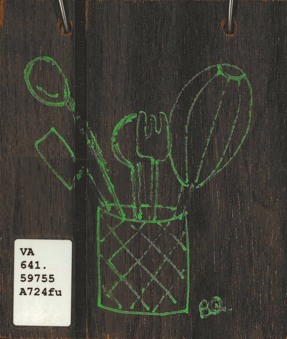 Forest Favorites: Wooden cookbook cover illustrated with green drawings.