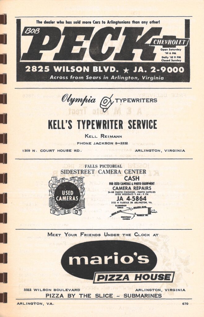 ads for Bob Peck Chevrolet and Mario's Pizza.