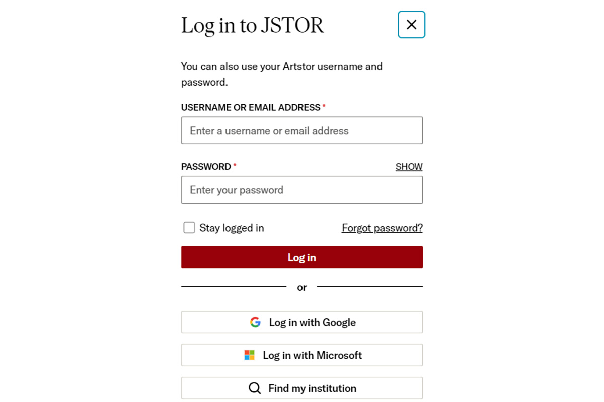 screenshot of JSTOR log in screen