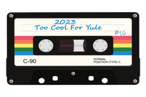 A colorful tape cassette with word text on it.