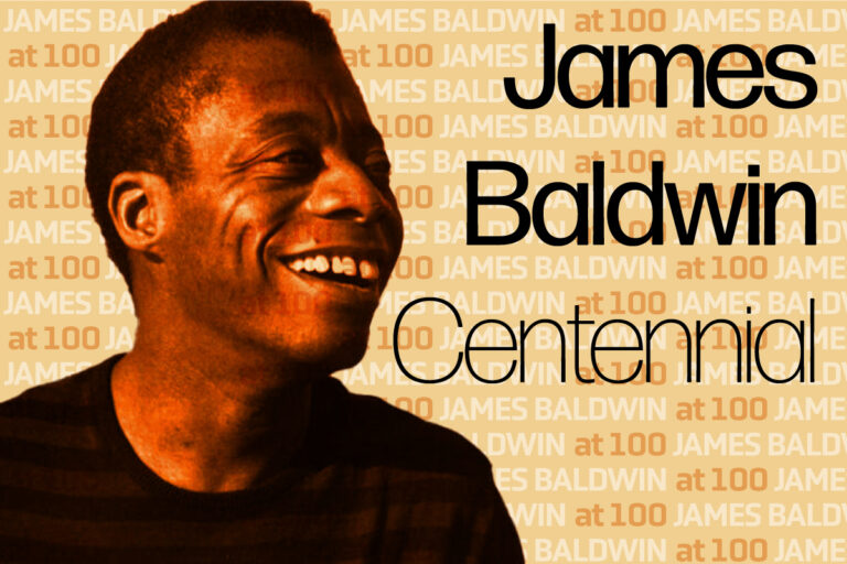 Photo of author James Baldwin smiling set against text background "James Baldwin at 100."