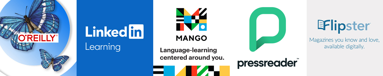 Composite of Oreilly, LinkedIn Learning, Mango Languages, PressReader, Flipster