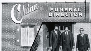 Chinn Funeral Director building signage with photograph of three men overlayed
