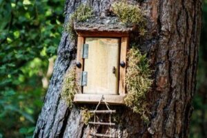 A miniature door attached to a tree decorated with moss and a small ladder