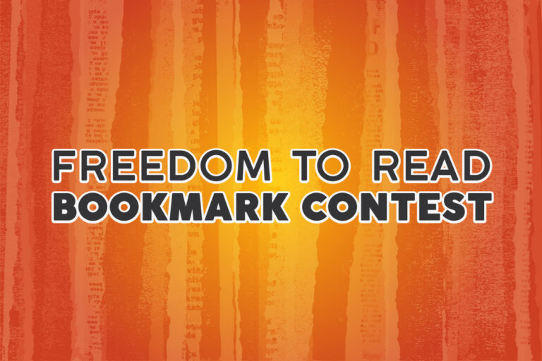 Graphic with ripped newspaper background and text "Freedom to Read Bookmark Contest."