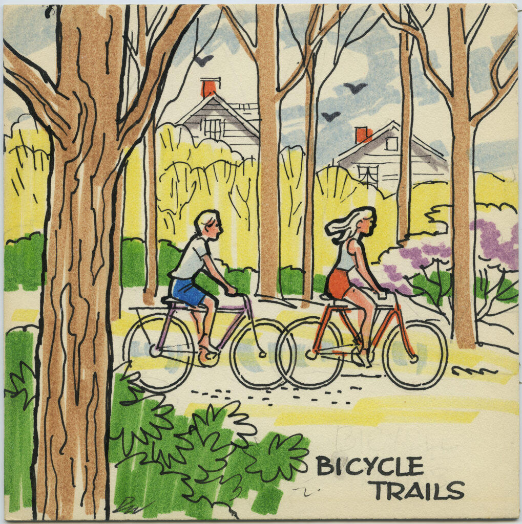 a painting of two people riding bicycles.