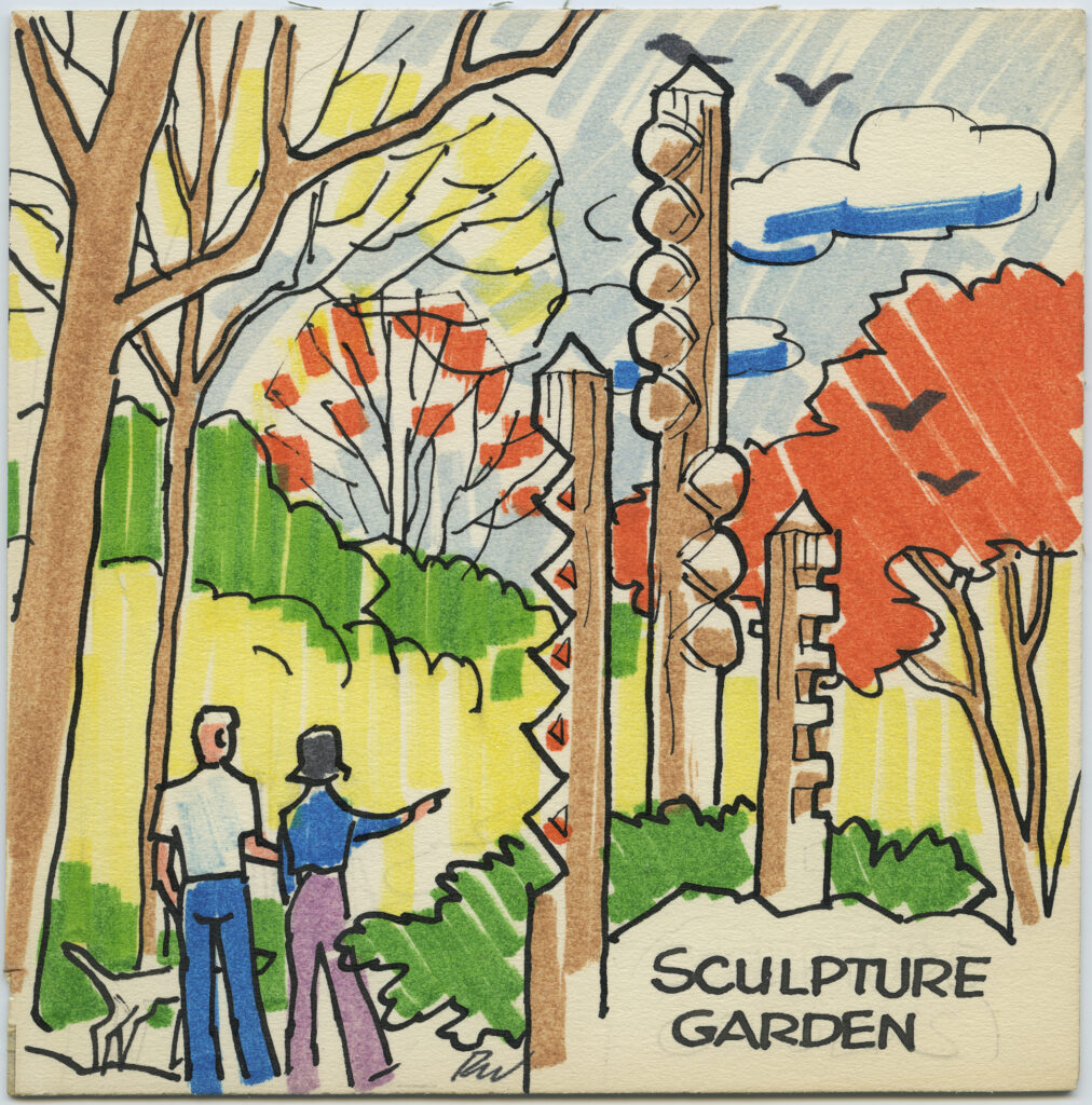 A painting of a sculpture garden.