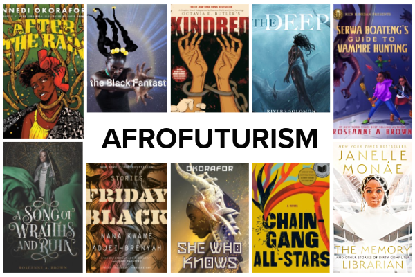 Collage of Afrofuturism book list titles