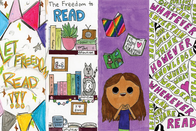 Composite of four bookmark designs for the 2024 Freedom to Read competition.