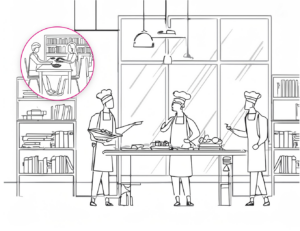 Sketch of a kitchen space with several people cooking and a smaller bubble illustration of people sitting and sharing a meal at a table near a bookshelf.