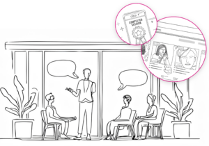 Sketched cartoon of experts speaking to seated patrons, with bubbles depicting a smartphone showing "Completed Session" and profiles with pictures and descriptions of experts.