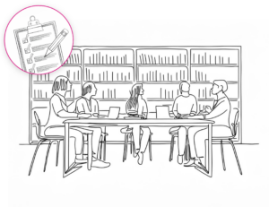 Sketch of a person presenting to several others in a reading room, with a small bubble showcasing a checklist.