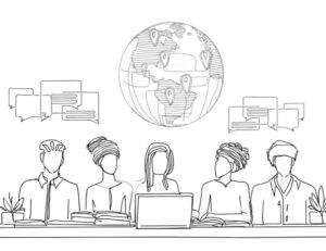 Sketch of diverse patrons sitting at a table with books and laptops on a background of a globe with pins marking several international locations.