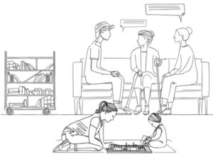 Sketch of patrons of diverse ages sitting and speaking, including a child and adult playing with a toy.