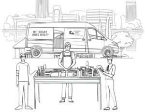 Sketch of employee at a table with books and other offerings in front of a truck that says "My 'Brary Does What?" with the Arlington Public Library logo.