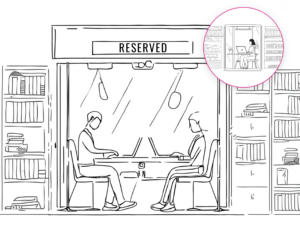 Sketch of remote workers on laptops in a reserved glass booth surrounded by bookshelves.