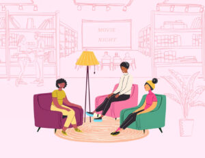 Sketch of diverse patrons chatting in a cozy sitting area, with bookshelves, more patrons, and a movie screening event visible in the background.