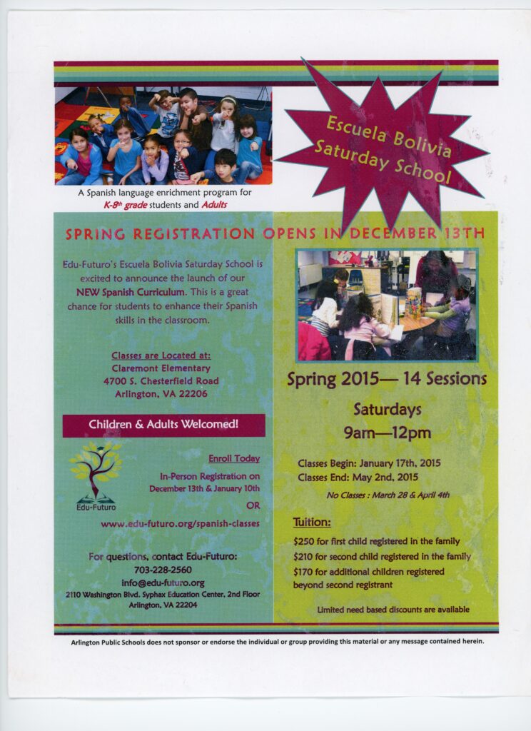 A promotional flyer for Escuela Bolivia Saturday School in Spring 2015.