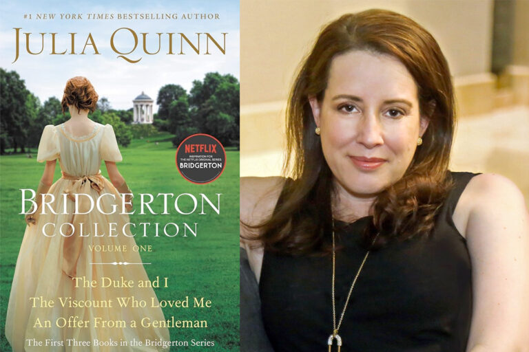 Author Julia Quinn and a book cover of her Bridgerton Volume 1 series.