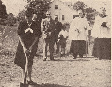 Founding member Mrs. Alice Moorman breaking ground for Our Lady Queen of Peace.