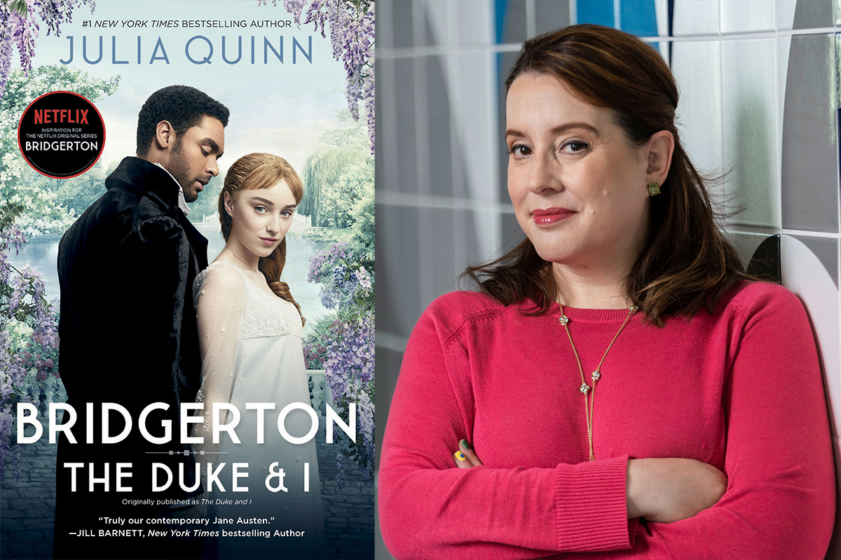 A promotional image featuring the cover of Julia Quinn's novel 'Bridgerton: The Duke & I' on the left, showing a romantic scene with a couple in period attire, and a photo of Julia Quinn on the right, wearing a pink sweater and smiling slightly with her arms crossed.