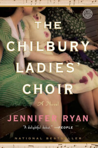 The Chilbury Ladies’ Choir by Jennifer Ryan: The cover depicts women in vintage dresses seated on a wooden bench. The title is written in elegant, bold text, surrounded by musical notes along the top border, emphasizing the choir theme.