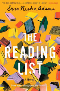 The Reading List by Sara Nisha Adams: A lively and colorful cover featuring a cascade of open books in vibrant hues of yellow, green, pink, and orange against a bright yellow background. The title is in bold, white text in the center.