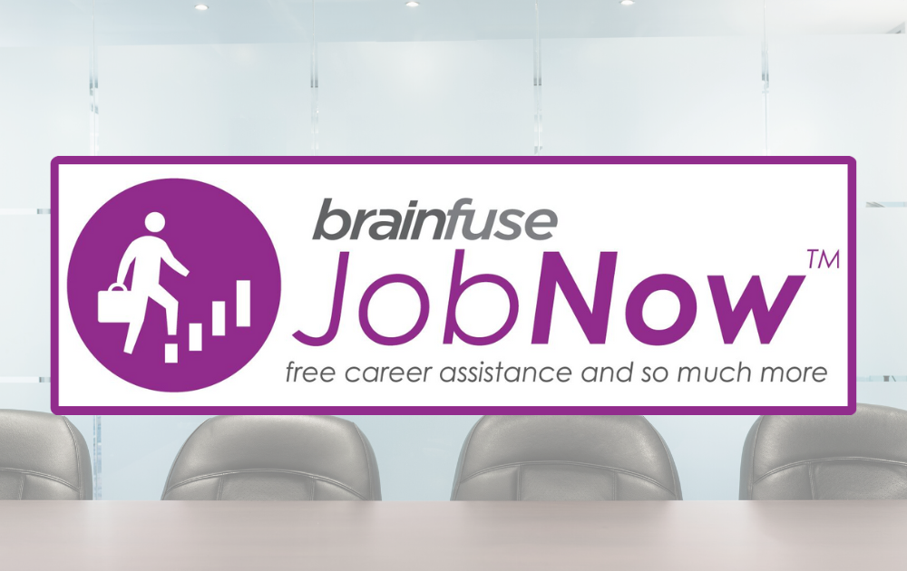 A rectangular graphic featuring the purple Brainfuse JobNow logo on a white background. A stylized figure carrying a briefcase appears in a circle to the left, stepping up bars that represent career growth. To the right, the text reads ‘brainfuse JobNow’ with the tagline ‘free career assistance and so much more.’ Behind it is a blurred office setting with chairs and a conference table.