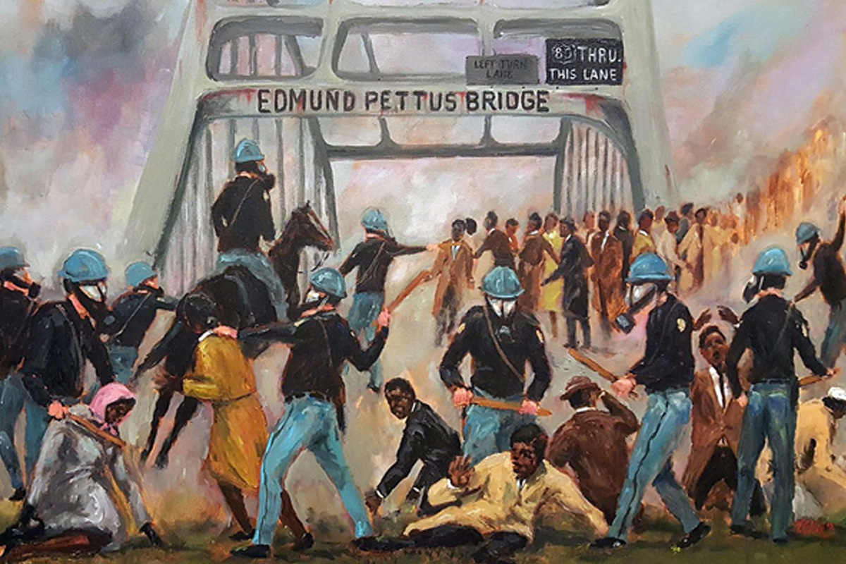 Painting of “Bloody Sunday—Selma, 1965” by artist Ted Ellis. This painting was unveiled during the 50th Anniversary celebration of the March from Selma to Montgomery. From Wikimedia Commons.