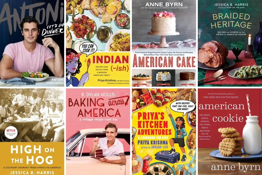 Eight cookbook covers showcasing diverse culinary styles and food culture written by Arlington Reads authors. Titles include Antoni: Let’s Do Dinner, Indian-ish, American Cake, Braided Heritage, High on the Hog, Baking Across America, Priya’s Kitchen Adventures, and American Cookie.