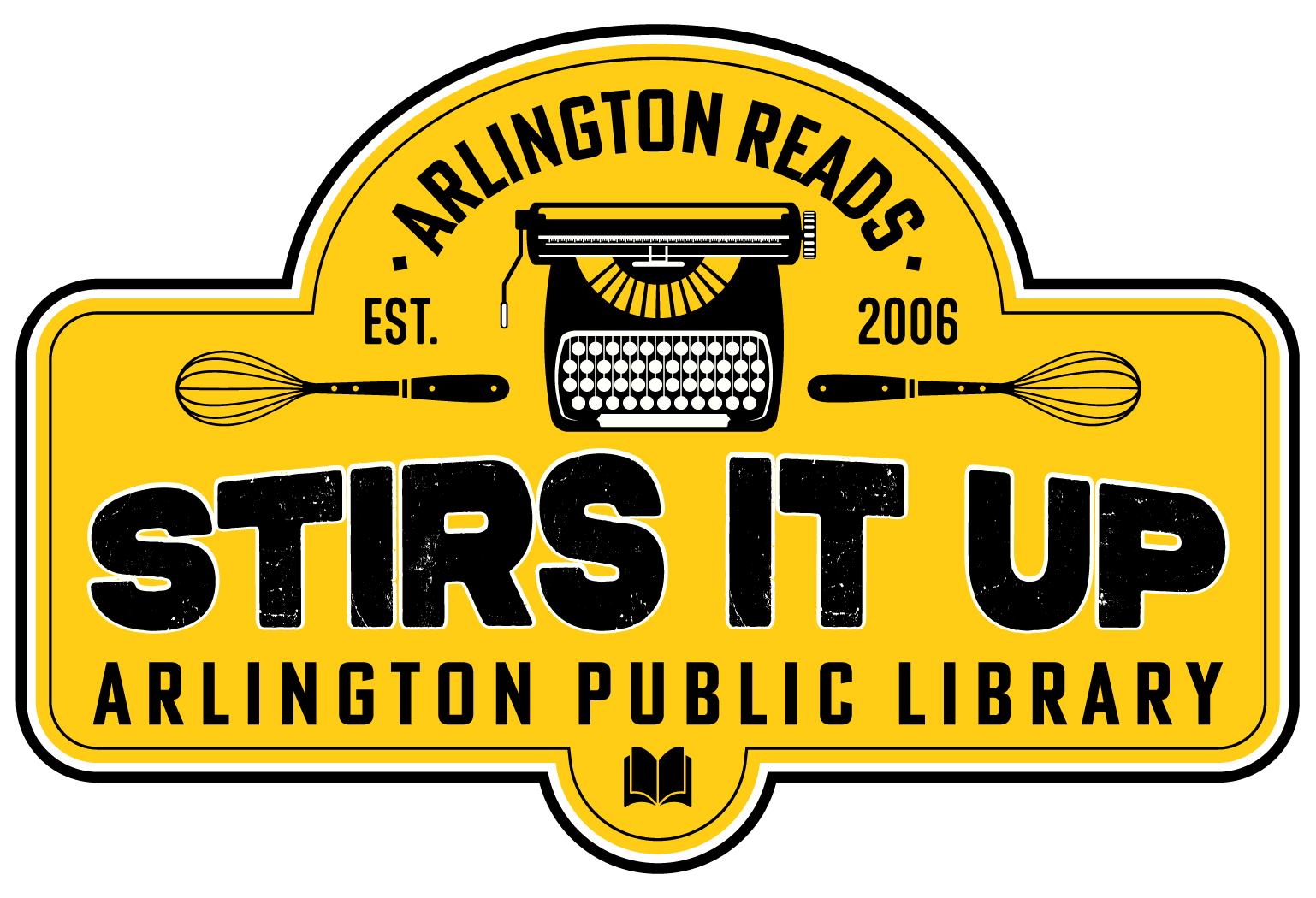 Vintage label graphic with text "Arlington Reads Stirs It Up."