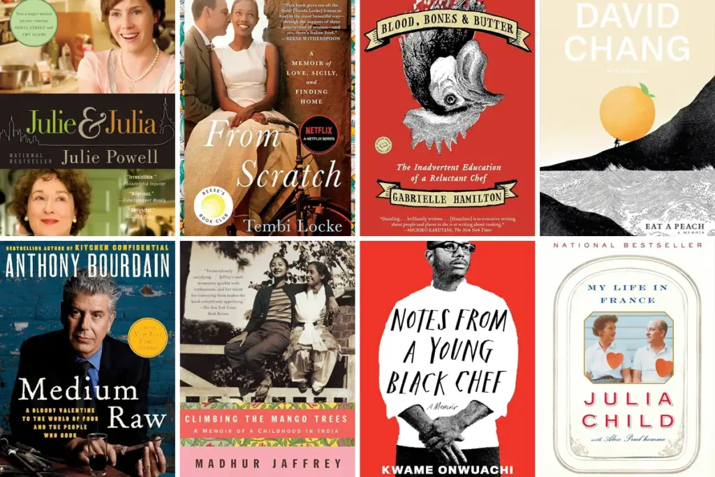 Eight memoir book covers by chefs and food writers. Titles include Julie & Julia, From Scratch, Blood, Bones & Butter, Eat a Peach, Medium Raw, Climbing the Mango Trees, Notes from a Young Black Chef, and My Life in France.